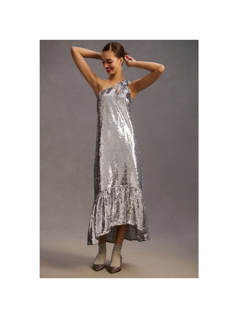 Maeve Silver Sequin One-Shoulder Ruffle-Hem Dress